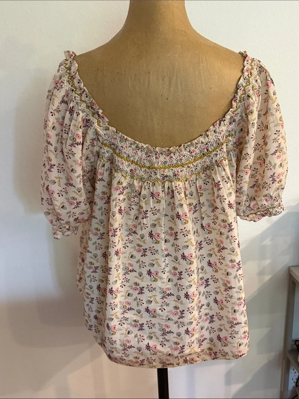 Doen Cream Floral Smocked Off-Shoulder Blouse with Pink & Green